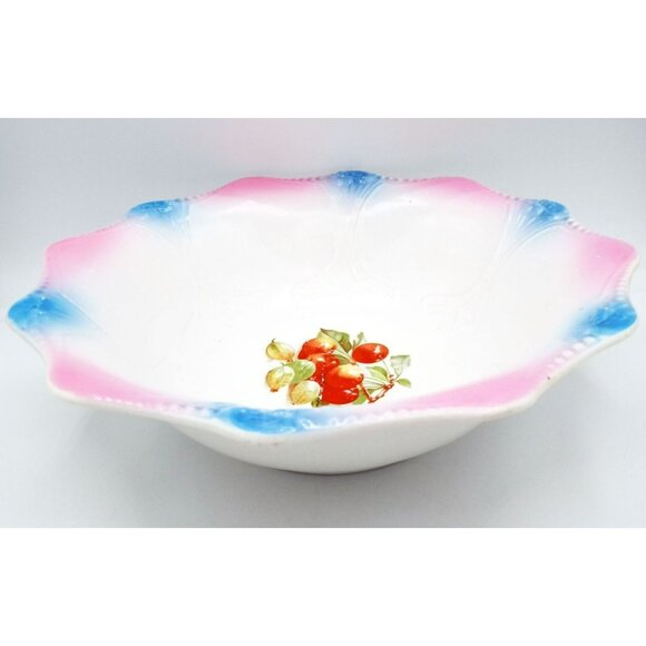 Serving Bowl SC Co Akron Pink Blue Scalloped Edge Cherries 10.5" 1940s Antique - Picture 11 of 15